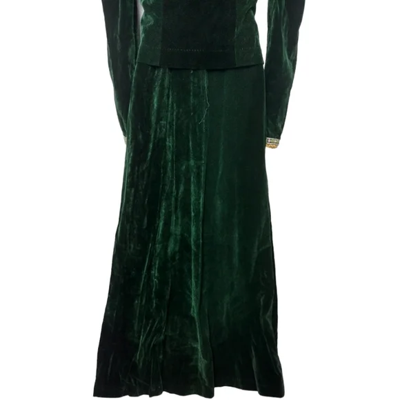 Gunne Sax Black Label Green Velvet Jute Renaissance Style Dress and Jacket  Set